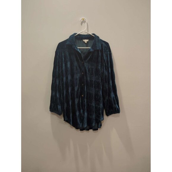 Vintage Tru Luxe Jeans M Blue Velvet Long Sleeve Button Down Ruched Shirt Blouse - Picture 2 of 8